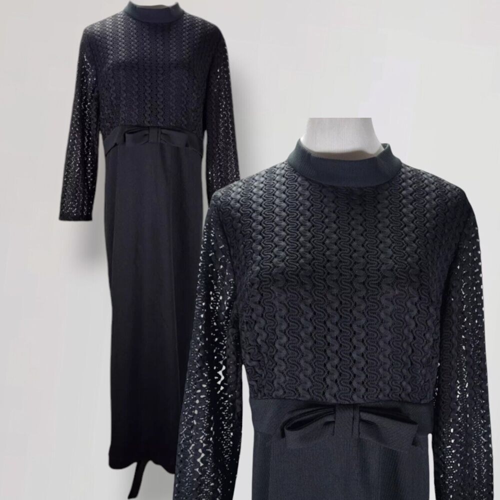 Vintage 70s Modest Cocktail Party Dress Size XL Lace Bow Maxi Long Sleeve